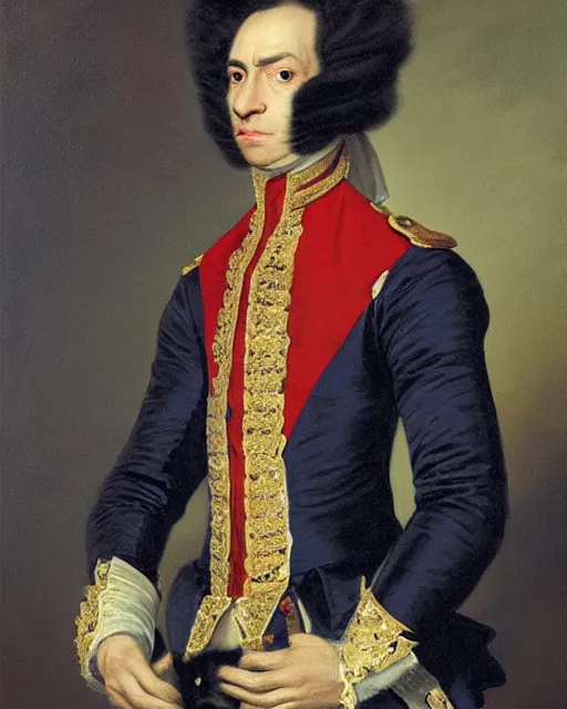 Image similar to dark brown cat with dark eyes and serious expression wearing 1 8 th century royal guard uniform in navy blue and red, joseph ducreux, greg rutkowski, regal, stately, royal portrait, painting