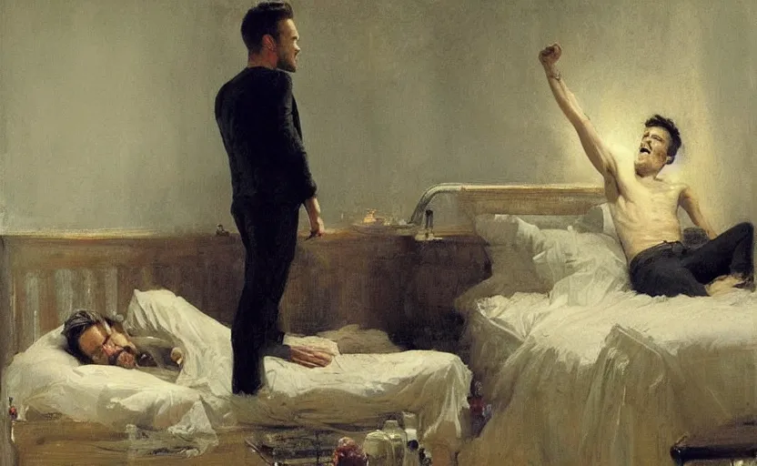 Prompt: Brandon Flowers singing loudly while other Brandon flowers is trying to sleep, vertical symmetry, by Ilya -Repin