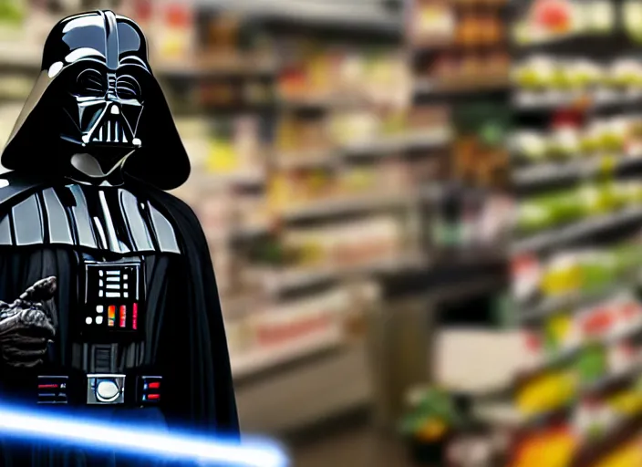 Image similar to film still of Darth Vader goes grocery shopping in the new Star Wars movie, 4k