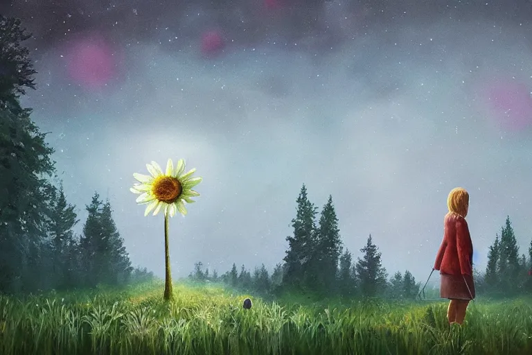 Image similar to giant daisy flower as face, girl walking in forest, surreal photography, dark night, stars, moon light, impressionist painting, clouds, digital painting, artstation, simon stalenhag