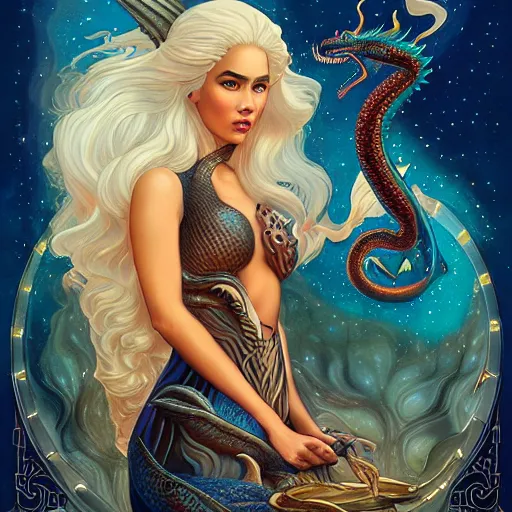 Prompt: cosmic stunning lofi daenerys targaryen portrait with her steampunk serpent dragon of fire flame, queen of dragons, Pixar style, by Tristan Eaton Stanley Artgerm and Tom Bagshaw.