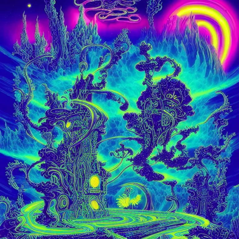 Image similar to mysterious cosmic kitten hovering over haunted mystical temple, infinite hallucinogenic fractal waves, # f 2 2 2 ff # 8 c 1 eff synthwave, bright neon colors, highly detailed, cinematic, eyvind earle, tim white, philippe druillet, roger dean, ernst haeckel, lisa frank, aubrey beardsley, kubrick