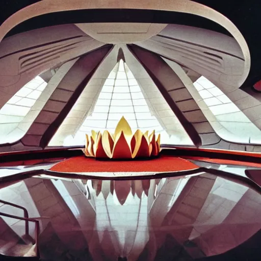 Image similar to interior of a futuristic lotus temple space station with gold, red and white marble panels, by buckminster fuller and syd mead, intricate contemporary architecture, photo journalism, photography, cinematic, national geographic photoshoot