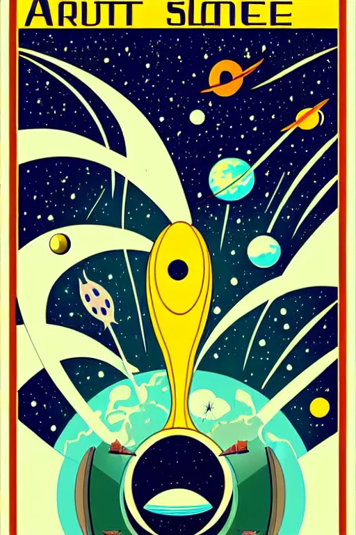 Image similar to art nouveau travel poster. outer space alien planet