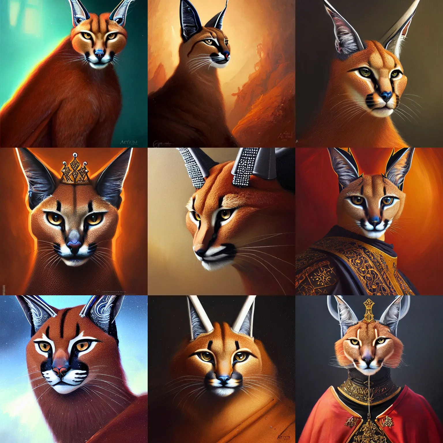 Prompt: an oil painting portrait of a caracal wearing medieval royal robes and an ornate crown on a dark background, intricate artwork by artgerm, greg rutkowski, and kilian eng, digital illustration, hyper detailed, super sharp, crisp, smooth, vibrant colors smooth gradients, depth of field, aperture f 1. 2