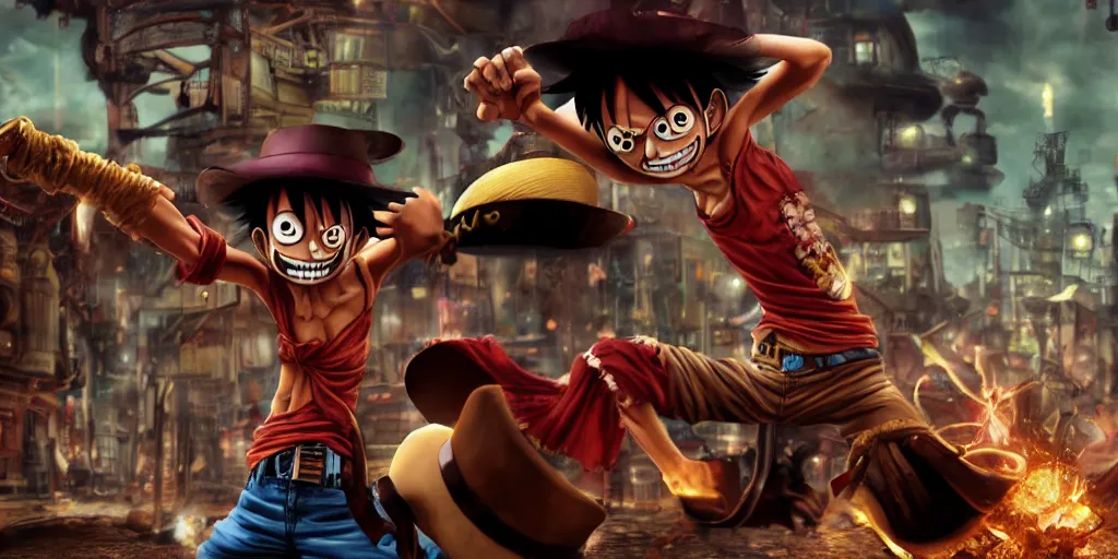 Image similar to monkey d luffy fighting aliens in a steampunk city, night, realism, 4 k, octane render, award winning photograph, epic cinematic shot, perfectly defined features, ambient occlusion