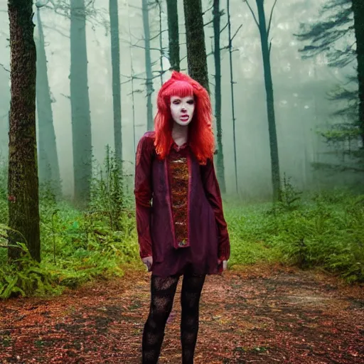 Image similar to a cottagecore witch, with strawberry hair, with teal clothes, in a foggy forest, hyper - realistic, 4 k, full body, vogue photoshoot