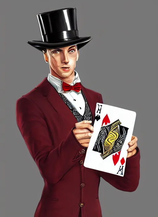 Prompt: a highly detailed illustration of stylish top hat wearing red haired attractive man, wearing suit vest, flashy leaning back holding playing cards pose, intricate, elegant, highly detailed, centered, digital painting, artstation, concept art, smooth, sharp focus, league of legends concept art, WLOP