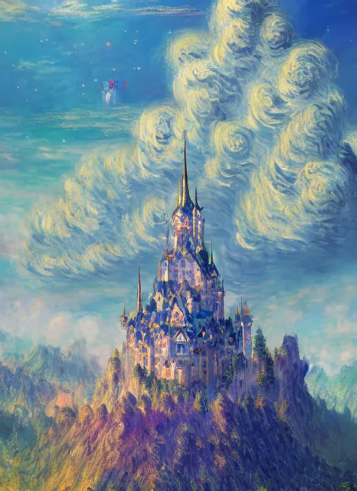 Image similar to retro - futurism anime castle on a mountain in clouds with lots of details look from above rule of thirds golden ratio, fake detail, trending pixiv fanbox, acrylic palette knife, artwork by claude monet