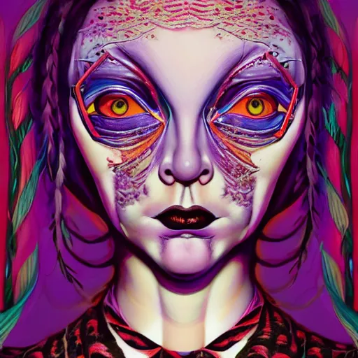 Image similar to An extremely psychedelic portrait of Wednesday Addams, surreal, LSD, face, detailed, intricate, elegant, lithe, highly detailed, digital painting, artstation, concept art, smooth, sharp focus, illustration