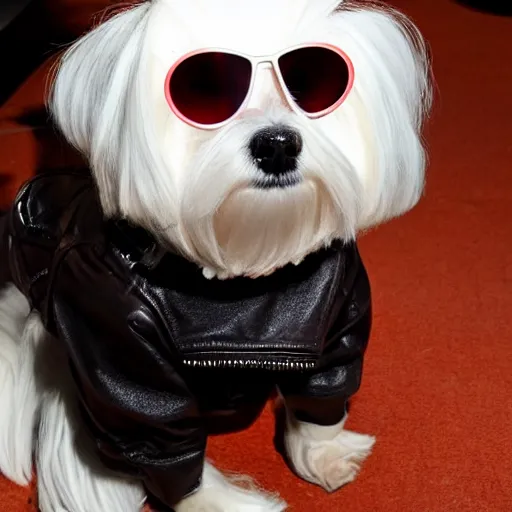 Prompt: a maltese dog with cool sunglasses and a leather jacket