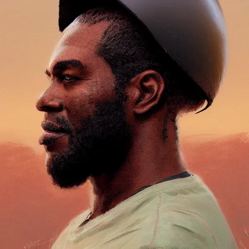 Prompt: side portrait of a goofy looking black guy with a melon helmet that covers only the top of his head by greg rutkowski