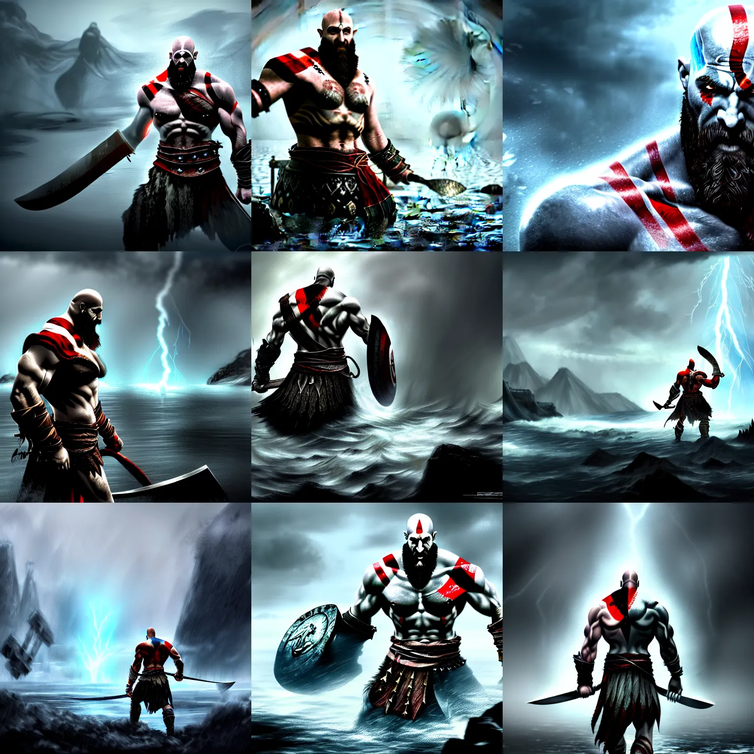 Prompt: a concept art of kratos from god of war fighting thor during a storm in terrain surrounded by black water, digital art, artstation, 4 k, realistic