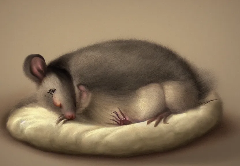 Image similar to possum sleeping in its bed at his bedroom, having a nightmare, dark fantasy, trending on artstation