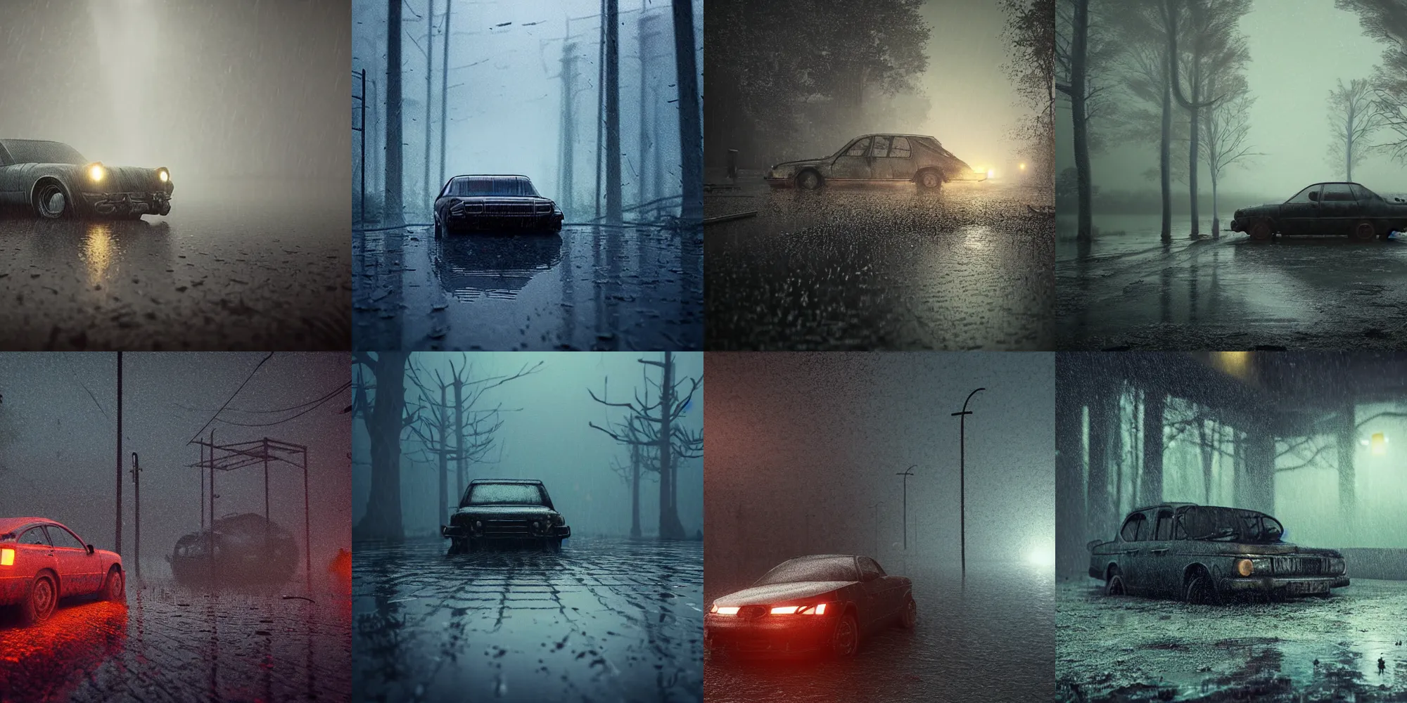 Prompt: beautiful dark creepy rainy wet landscape, old abandoned car sinking, in the style of beeple and Mike Winkelmann, intricate, epic lighting, cinematic composition, hyper realistic, 8k resolution, unreal engine 5,