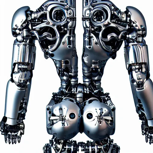 Prompt: upper back closeup of a complex chromium cybernetic endoskeleton in a white room : : highly detailed : : transparent armor : : three fourth rear shot