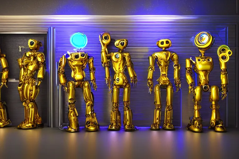 Prompt: a queue of 7 golden and blue metal humanoid steampunk robots in front of an entrance door to a futuristic nightclub, robots are wearing and gears and tubes, eyes are glowing red lightbulbs, shiny crisp finish, 3 d render, 8 k, insaneley detailed, fluorescent colors, nightlight