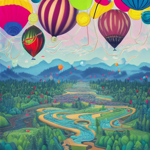 Image similar to inflatable landscape with forest, river and mountains in the middle of the frame colossal balloon with number 6 surrounded by colorful ribbons and party confetti , concept art, huge scale, high detail, sci fi by James Jean