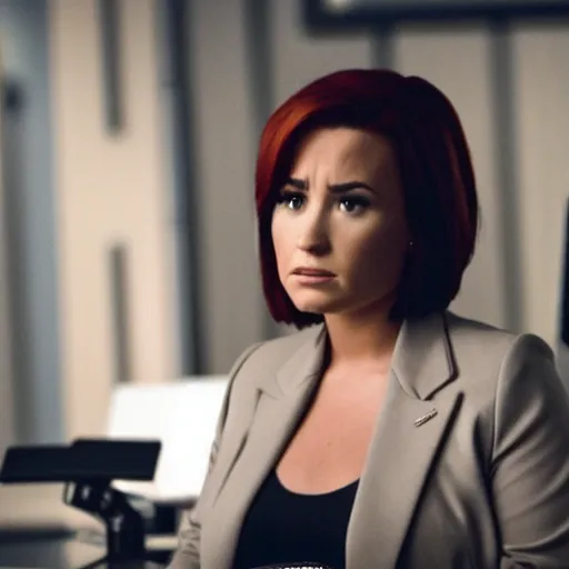 Image similar to close-up of Demi Lovato as Dana Scully with black hair in an X-Files movie directed by Christopher Nolan, movie still frame, promotional image, imax 35 mm footage