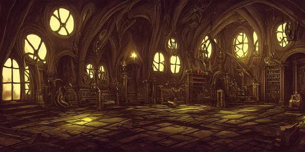 Prompt: dark sinister vampire lair interior by Michael Parkes, library, adventure game, inspired by Diablo concept art
