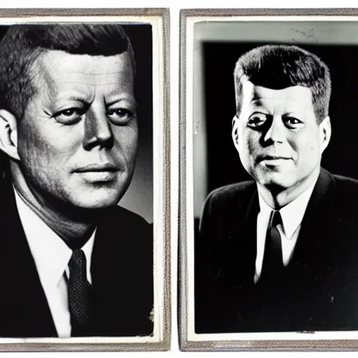 Image similar to portrait photo of bald john f kennedy and nikita kruschev next to each other, black and white, atmospheric lighting