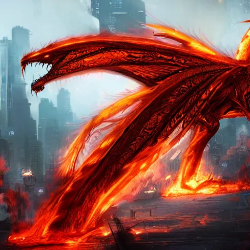 Image similar to a majestic fire dragon, hd, 4k, trending on artstation, award winning, 8k, 4k, 4k, 4k, very very very detailed, high quality cyberpunk art