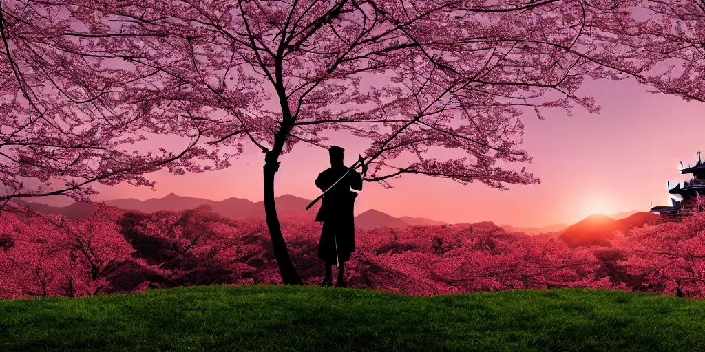 Image similar to A silhouette of a samurai holding a dadao sword, standing on a Hill with a single cherry blossom tree, cinematic shot, digital art, japanese Fields, japanese architecture faraway, wide shot, dramatic, peaceful, wide shot