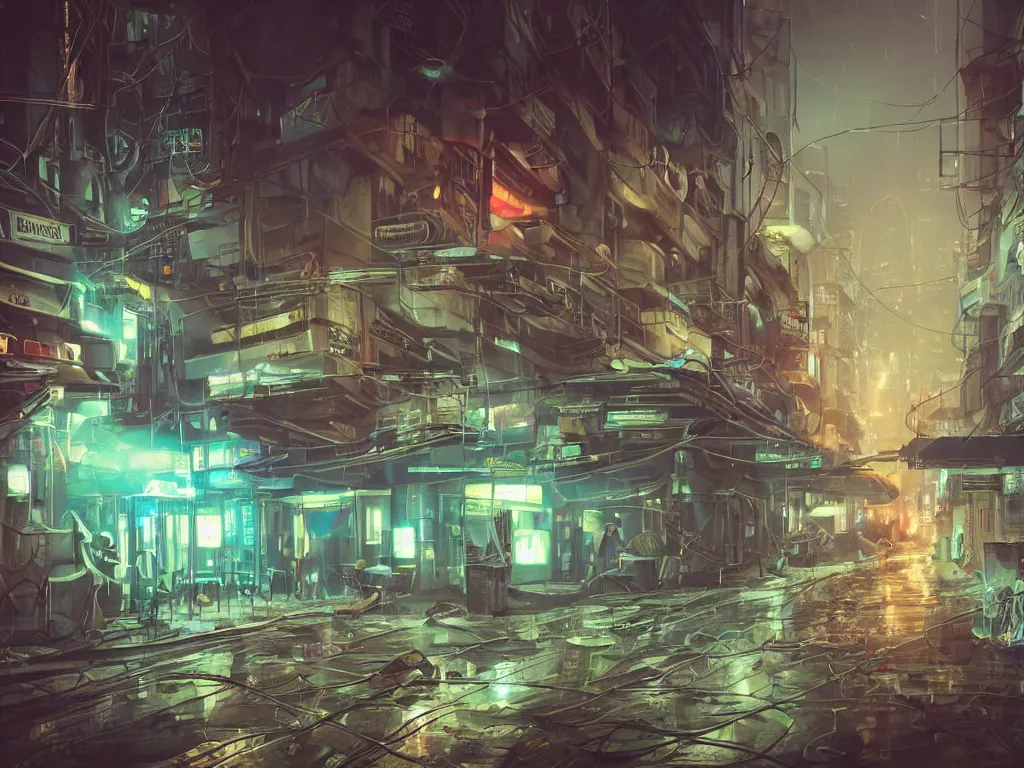 Image similar to futuristic dieselpunk street, cable stone ground. lots hanging cables, tiny wires on the ground. narrow, garbage on the ground. rain. fog, haze, evening. led screens. neon signs. golden hour. very sharp. cables on the ground. very messy. futuristic. photorealistic. artstation. anime. studio gimbli style. golden rate.