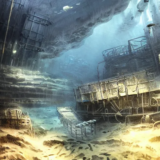 Prompt: underwater mining station, dark, sinister, brush strokes, heavy paint, gradients, highly detailed, cinematic matte painting, concept art, smooth, sharp focus