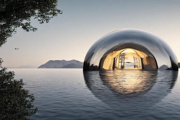 Prompt: a white soap bubble shaped building on the calm lake, human perspective, future, interior wood, marble, award winning, highly detailed 4 k art, dusk, unreal engine highly rendered, global illumination, radial light, internal environment by kazuyo sejima