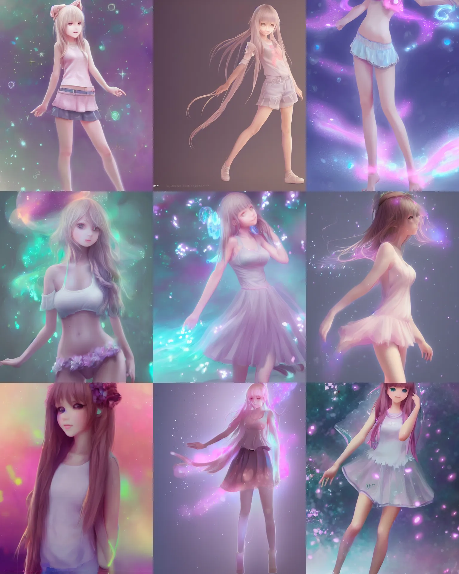 Prompt: full body shot of a beautiful girl in very cute realistic WLOP digital art style with bloom ethereal effects, trending on Artstation, made by Tran Ross feminine in pastel shades, trending on pixiv, Unreal Engine 4k