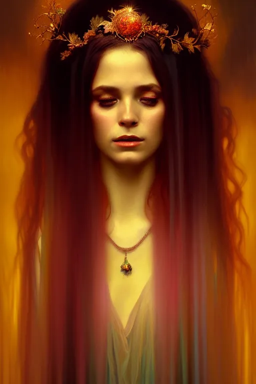 Prompt: beautiful portrait oil painting, ombre velvet gown, beautiful elegant dryad, portrait, dramatic light on face, long hair, tiara, dozens of jeweled necklaces, by greg rutkowski, brom, anato finnstark, alphonse mucha, oil painting, highly detailed, cinematic lighting, unreal,