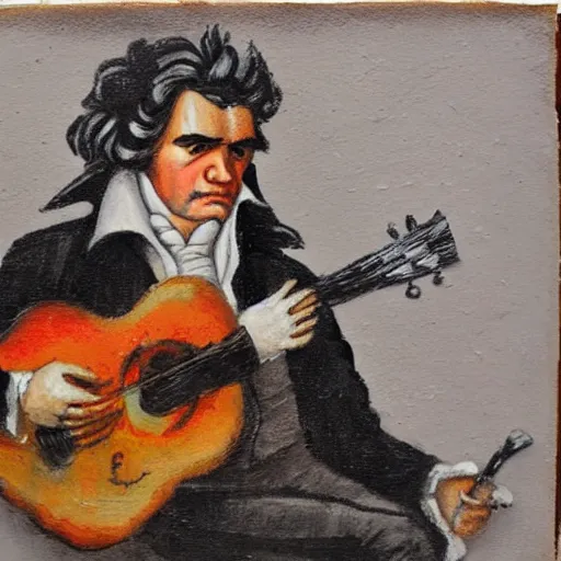 Prompt: beethoven. he's playing a rock music. oil paper on weathered paper