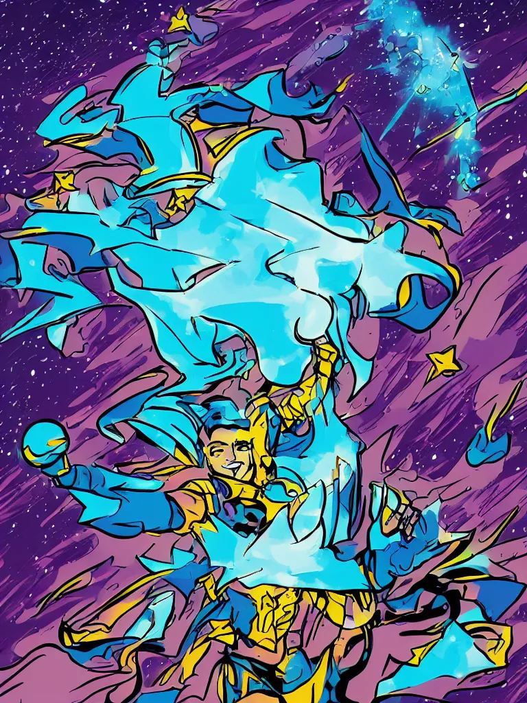 Image similar to magic universe wind coming out of a computer screen, mystical shootingstars, artstation, comic style, pop art, Jack Kirby