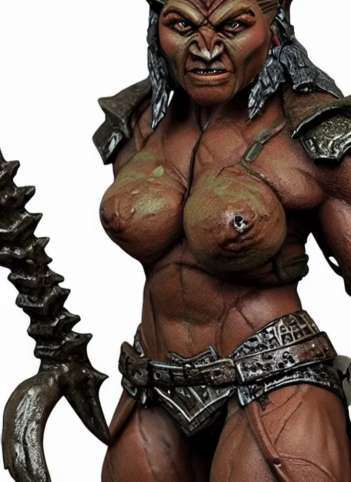 Prompt: Image on the store website, eBay, Wonderfully detailed 100mm Resin figure of a very muscular female orc warrior.