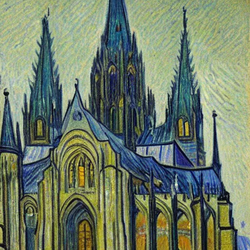 Prompt: a drawing off the aachener cathedral, painted by van gogh.