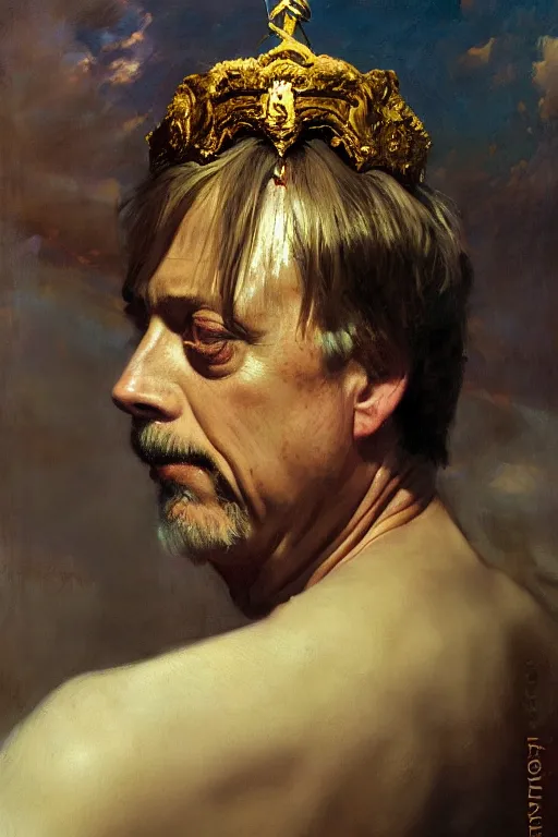 Image similar to beautiful impressionistic oil painting portrait of ancient roman god emperor steve buscemi ascending wearing the civic crown levitating in religious pose, art by anders zorn, wonderful masterpiece by greg rutkowski, expressive brush strokes, beautiful cinematic light, american romanticism by greg manchess, jessica rossier