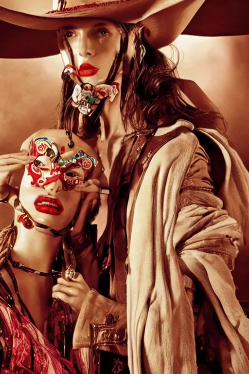 Image similar to dolce & gabbana campaign featuring jar jar binks as a female cowgirl, long eyeslashes, huge juicy lips, big seductive eyes, shot by mario testino, realistic vfx simulation