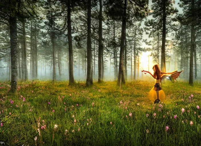 Prompt: nordic mire with dancing fairies, scenic sunrise, hdr, photorealism, mist, enchanting scenery, fairies dancing, nikon d 8 5 0, wide lens, sigma 5 5