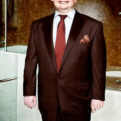 Image similar to Andy Richter is wearing a chocolate brown suit and necktie. Andy is standing inside a bathtub with the shower running over him. The suit and necktie are soaking wet.