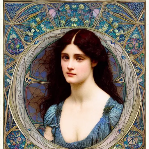 Prompt: Symmetric Pre-Raphaelite painting of a beautiful woman with dark hair in a transparent silk light blue dress, surrounded by a halo frame of flowers and a highly detailed mathematical drawings of neural networks and geometry by Doré and Mucha, by John William Waterhouse, Pre-Raphaelite painting