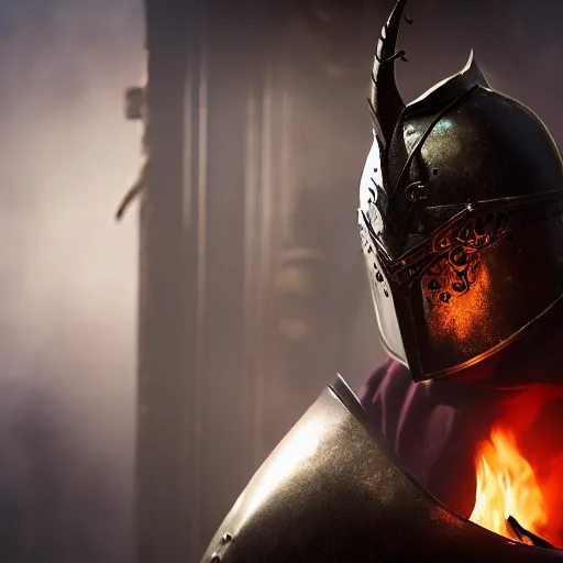 Prompt: handsome tiefling in plate armour standing in a door way, back lit by fire, 4 k, cinematic, volumetric light