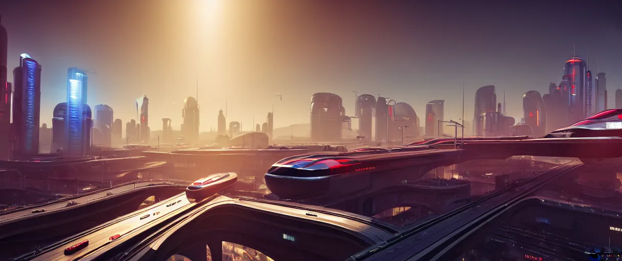 Prompt: futuristic city center with maglev train on bridge in background, modern landscape architectural design for industrialpunk concrete and glass, maroon metallic accents, gorgeous lighting, golden hour, cyberpunk, 2077, dramatic lighting and composition, photography, 8k, origin 100i, star citizen, origin 890 Jump