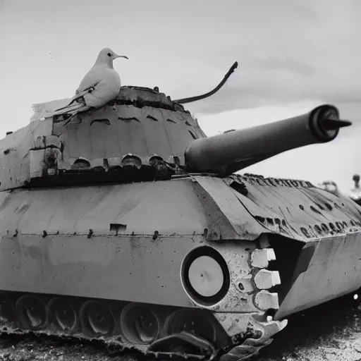 Prompt: high quality large format photograph of a white dove sitting on a tank during war