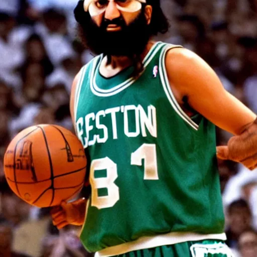 Image similar to facial portrait of osama bin laden shooting free throws, boston celtics jersey, wearing a headband, sweating, focused