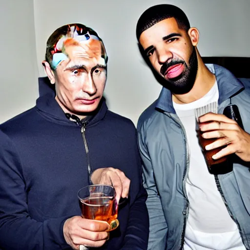 Image similar to drake drinks vodka with vladimir putin