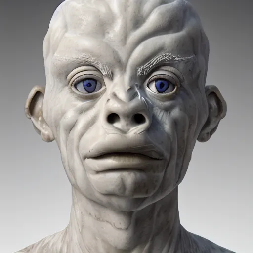 Image similar to a statue made of white marble with gold veins, of pepe the frog, transhumanism, full body shot, perfect symmetrical body, perfect symmetrical face, hyper realistic, hyper detailed, by johannen voss, by peter kemp, by monia merlo, by michelangelo, octane render, blender, 8 k