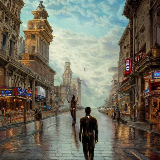 Prompt: humanoid reptilian man walks through the center of a city, extremely detailed oil painting, 1 9 2 0's colored pencil, highly detailed, highly accurate, deep aesthetic, 8 k, highly ornate intricate details, cinematic lighting, rich colors, beautiful scenic view, ray tracing, hyperrealistic, photorealistic, cinematic landscape, trending on artstation, concept art,