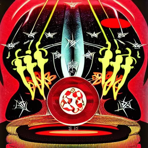 Image similar to red and black psychedelic music flyer with aliens and flying saucers from the 60’s with occult symbols in the background