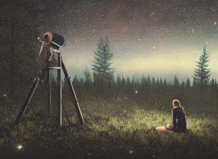 Prompt: girl on the front lawn looking into a telescope up at the stars, night time, forest in the distant background by Greg Rutkowski,